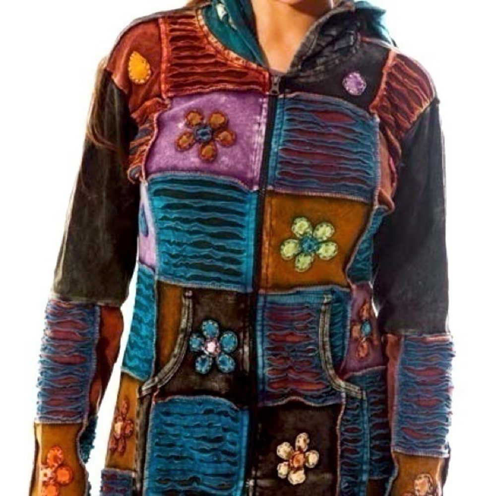 NWOT handmade in Nepal zip up hippie hoodie colorful pure cotton size M Nepalese